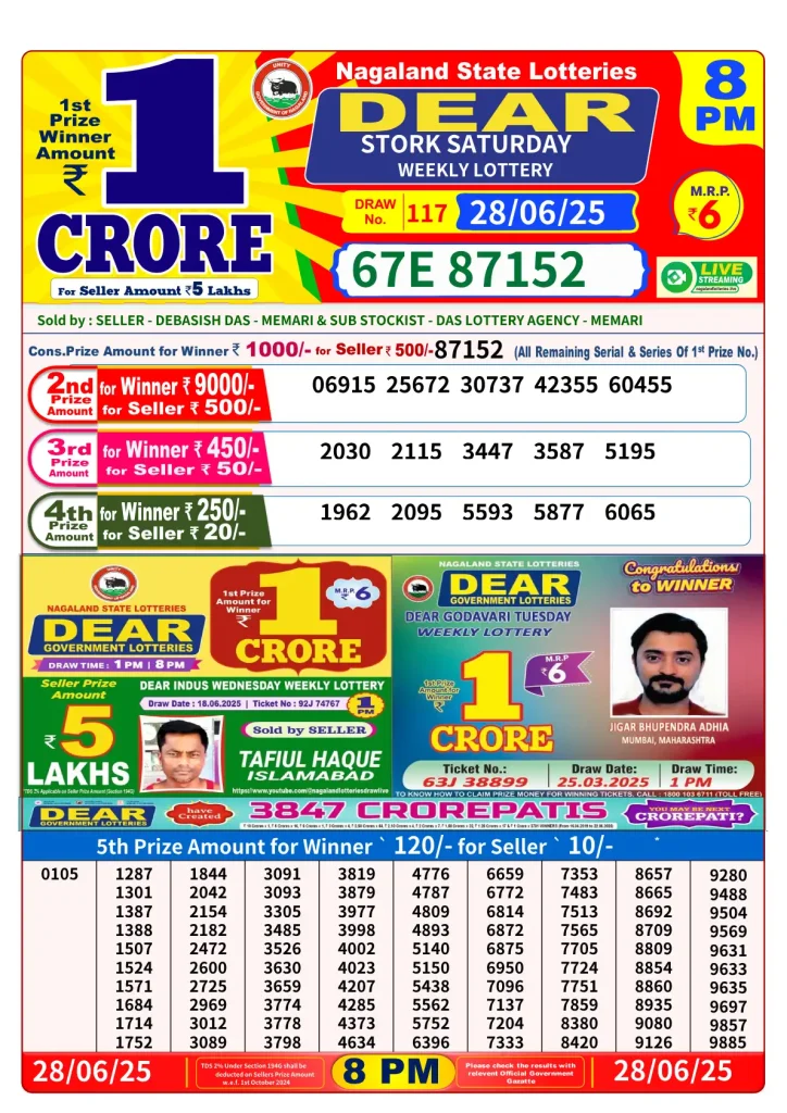 Dear Stork 6 PM Lottery Result – 28 June 2025