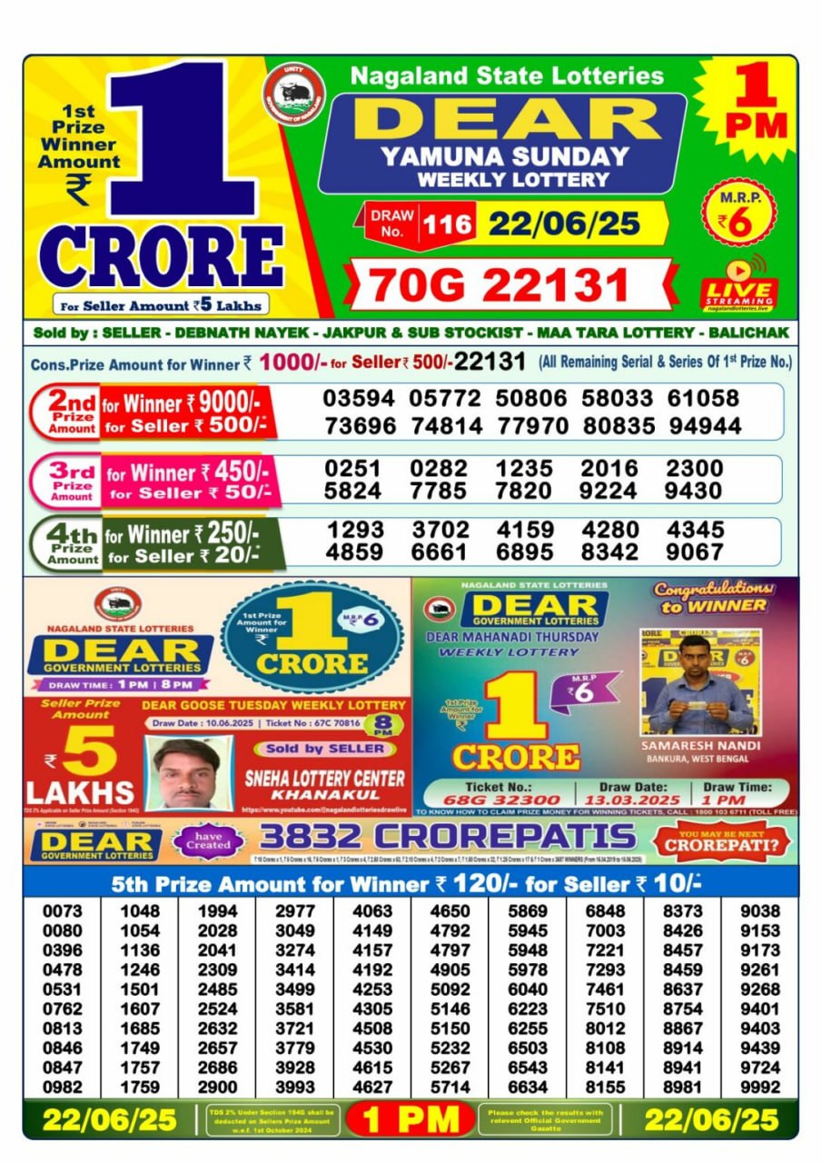 Dear Lottery 1PM Result
