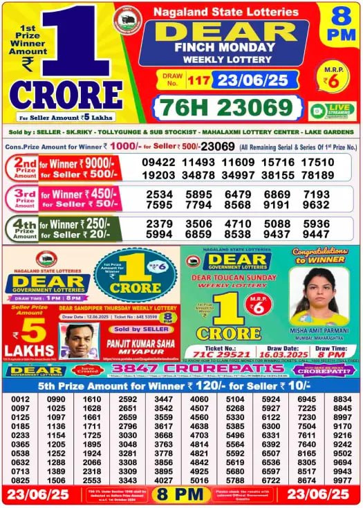 Dear Stork 8PM Lottery Result – 23 June 2025 (Nagaland State)