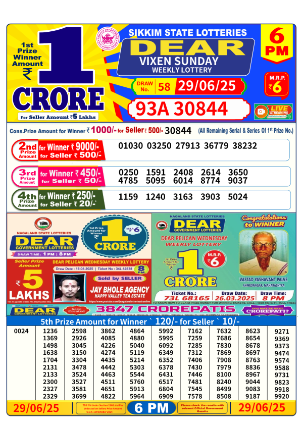 Dear Stork 6 PM Lottery Result
