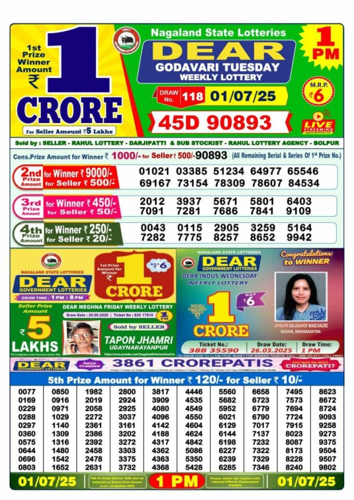 Nagaland Dear Stork 1 PM Lottery Result – 01 July 2025