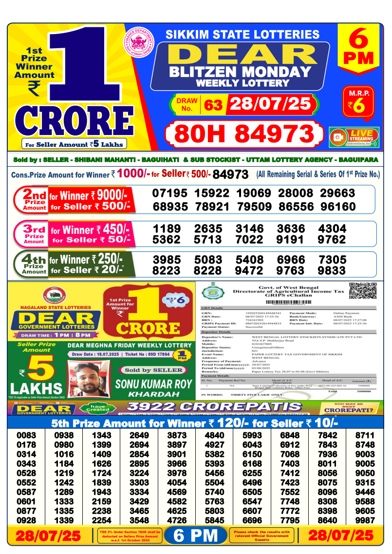 Dear Lottery 6PM Result
